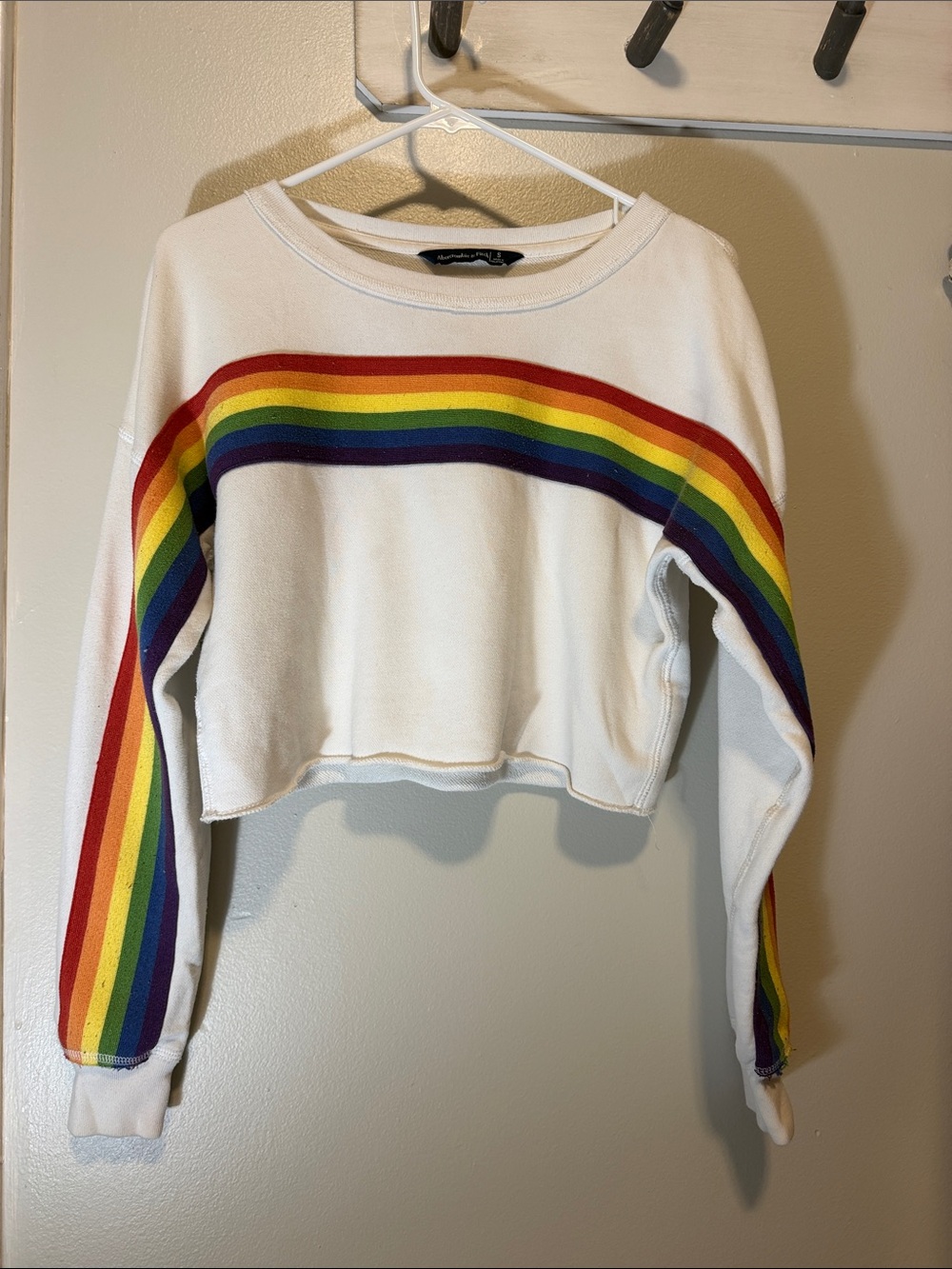 Abercrombie & Fitch White Tee with Rainbow Stripe Graphic